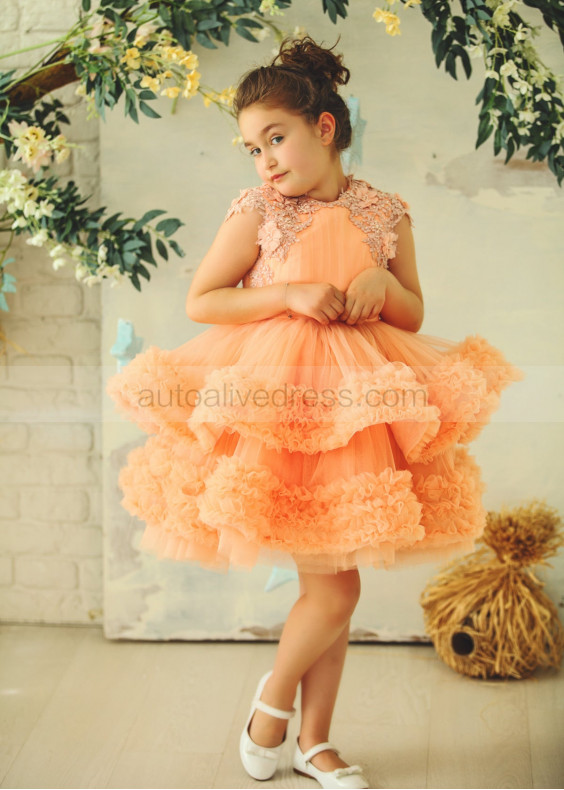 Salmon Ruffle Tulle Lace Appliques Flower Girl Dress